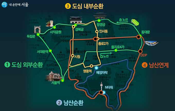녹색순환버스 중 02번과 04번 노선이 남산에 진입한다