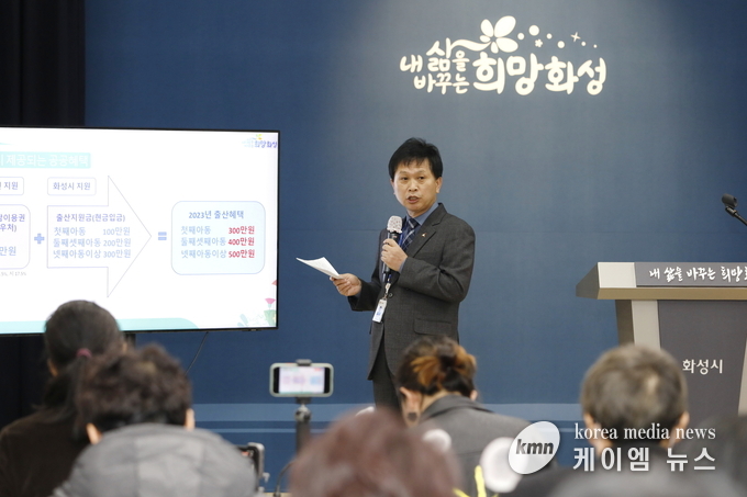 정구선 시민복지국장이 출산지원금 및 효도수당 확대 지원에 대해 설명하고있다.