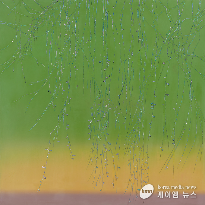 정회윤, 버드나무_봄, 자작나무에 천연옻칠, 자개, 100.5X100.5,2021 
