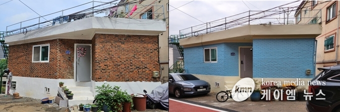 외벅공사, (왼쪽 시공 전우측 시공후)