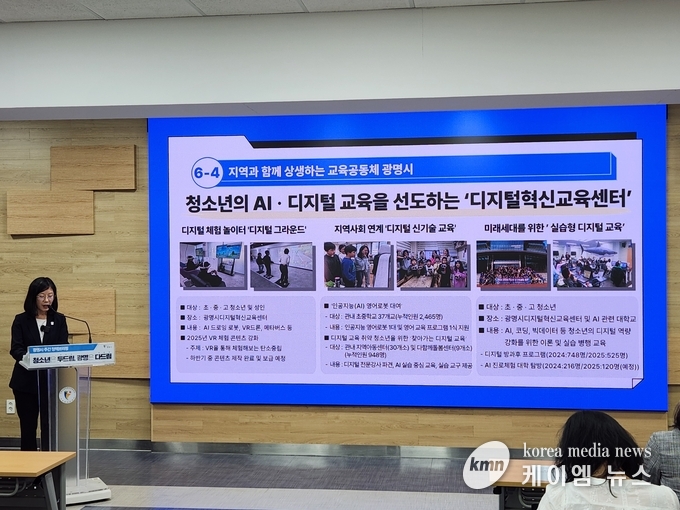  황희민 평생학습사업본부장이 ‘청소년은 두드림, 광명은 다드림’을 주제로 정책 브리핑을 진행하며 청소년 정책 전반을 소개하고 있다. <사진/김경석기자>