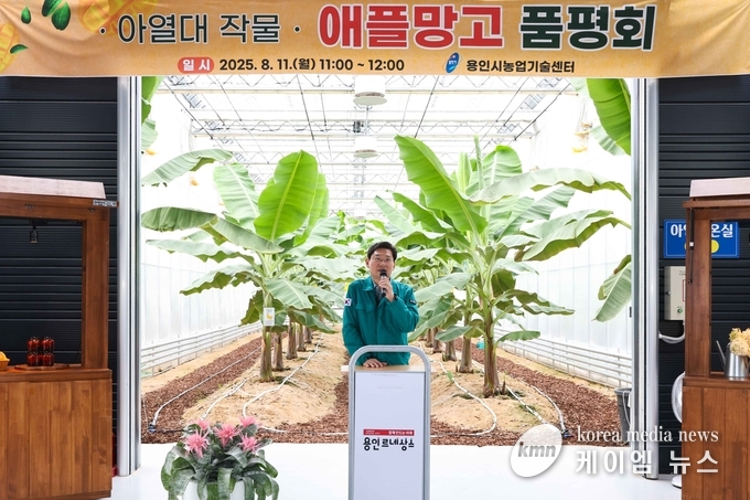 이상일 시장은 아열대작물 애플망고 품평회를 통해 인사말을 하고 있다. 사진/용인특례시청 제공