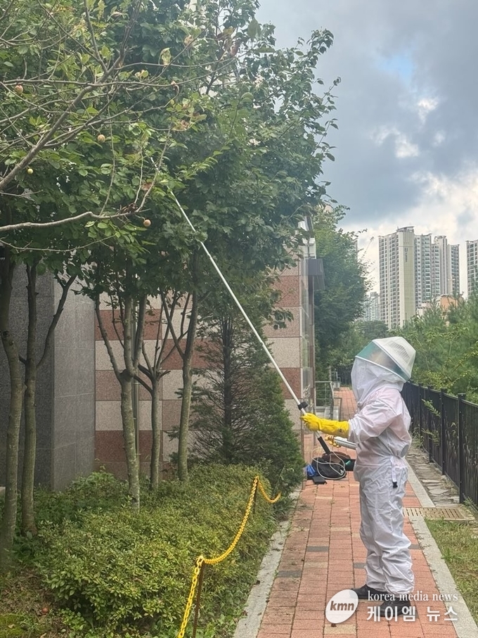 벌집제거 활동중인 목동119안전센터 직원의 모습 사진/화성소방서 제공