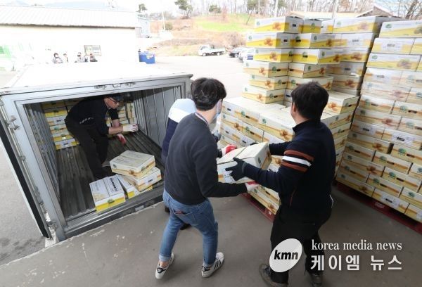 강원도 평창군에서 보내온 감자 5천박스를 배부하고 있는 모습