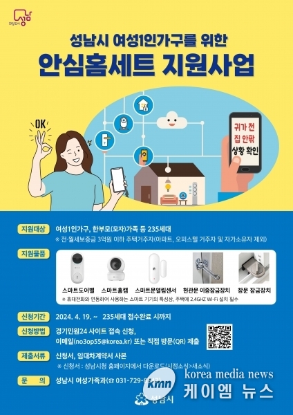 성남시 여성 1인 가구 235가구에 안심 홈세트 지원