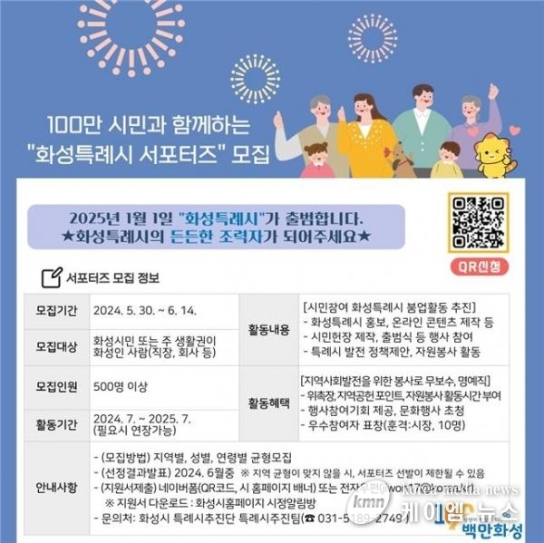 102만 시민과 함께 만들어가는 특별한 도시 "화성특례시 서포터즈" 모집