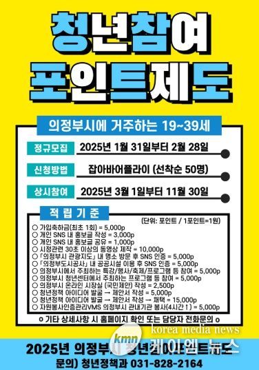 의정부시, 청년들이 만드는 변화의 물결 ‘청년참여포인트’로 시작해요!