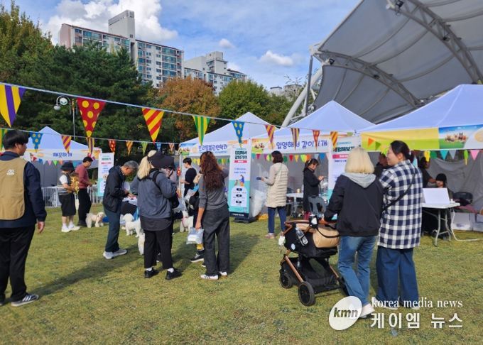 많은 시민이 참여한 가운데 반려견 미니운동회를 진행하고 있다.
