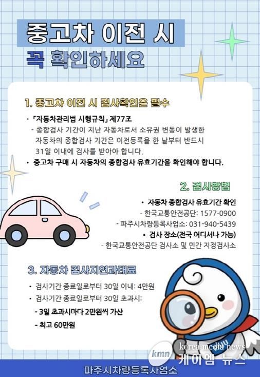 파주시 차량등록사업소, 중고차 이전등록 시 차량 취득 시점부터 종합검사 안내문을 제공해 시민 불이익 예방