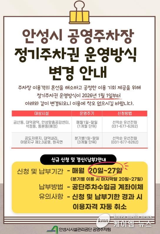 안성시 공영주차장, 정기주차권 ‘월 단위’ 도입 및 주차장별 맞춤 운영 개편