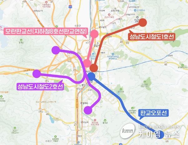 경기도 도시철도망 구축계획에 반영된 성남시 4개 도시철도 노선