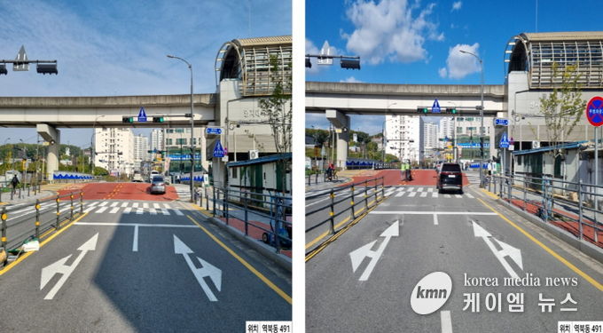 횡단보도와 차량정지선 이격거리를 5m로 확대한 처인구 역북동 491번지의 모습. 사진은 이격거리 확대 전(좌)과 확대 후(우)의 모습.