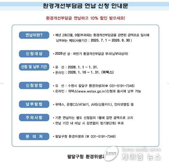 수원시 팔달구, 2026년 환경개선부담금 연납 신청 받아