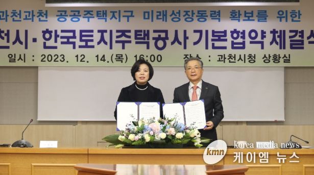 2023년 12월, 과천시가 한국토지주택공사와 과천과천지구 도시지원시설용지 관련 협약 체결(좌 신계용 과천시장, 우 한국토지주택공사 이한준 전임 사장)