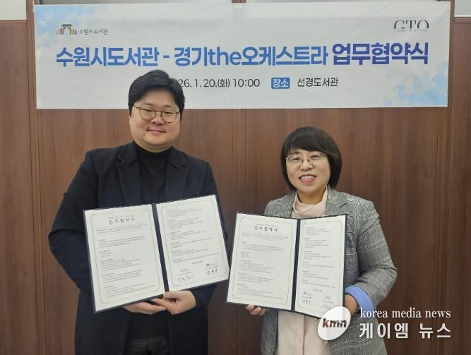 최현주 수원시도서관사업소장(오른쪽)과 허석환 경기더(the)오케스트라 관계자가 협약 후 기념촬영을 하고 있다.