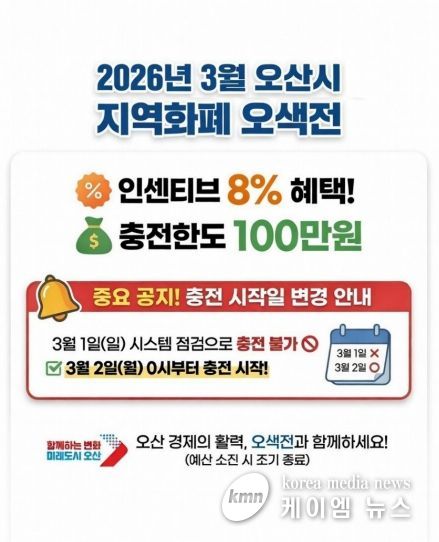 오산시, 3월 오색전 8% 지급…충전 한도 100만 원
