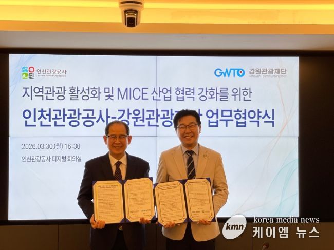 업무 협약 체결식 (왼쪽부터) 유지상 인천관광공사 사장, 최성현 강원관광재단 대표이사