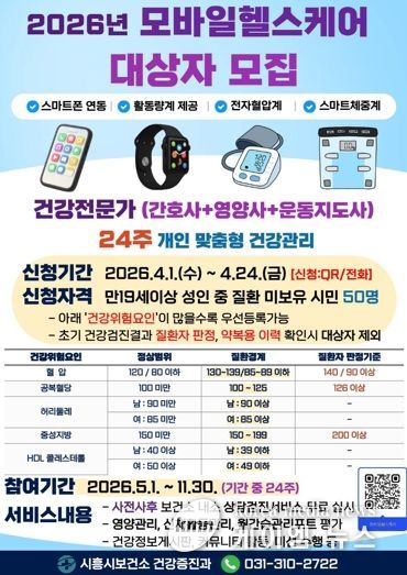 시흥시보건소, ‘모바일 헬스케어’ 사업 참여자 모집…맞춤형 건강관리 서비스 제공