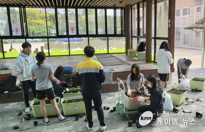 모종을 대형 화분에 옮겨 심는 학생들(화수중학교 생태환경동아리 활동)